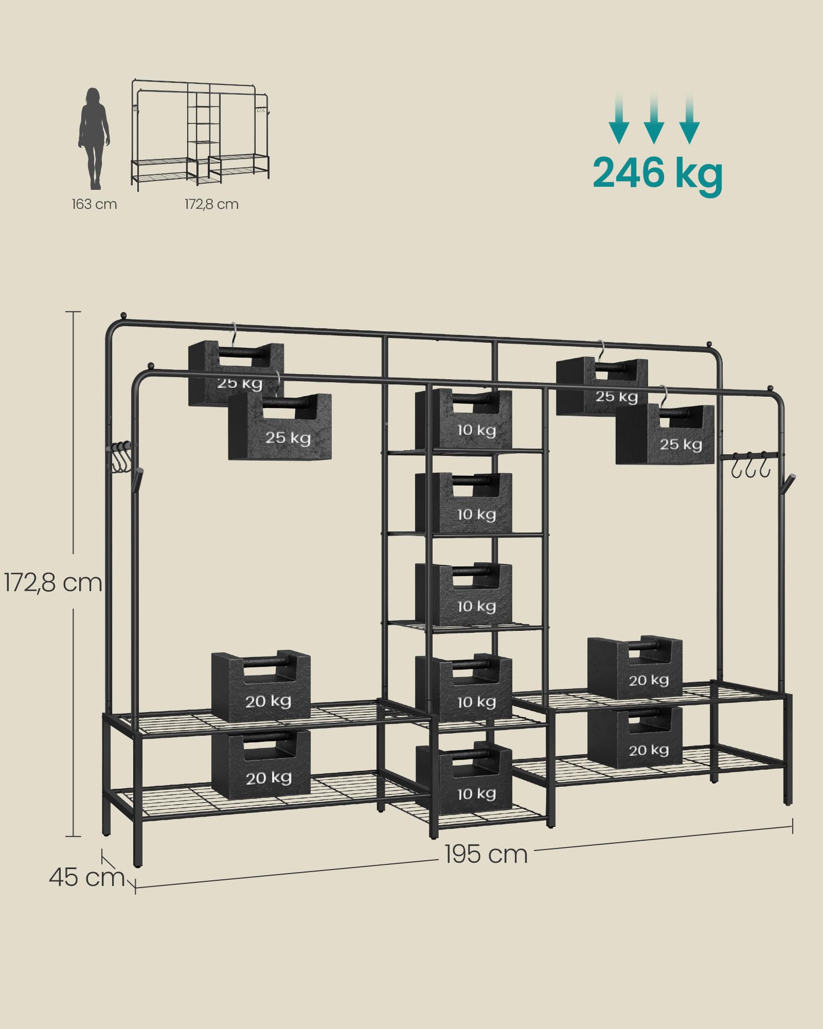 SONGMICS Kleiderständer, offener Kleiderschrank, Garderobenständer mit 9 Ablagen, Metallrahmen, Kleiderstange, für Schlafzimmer, Wohnzimmer, Eingangsbereich, schwarz HSR183B01