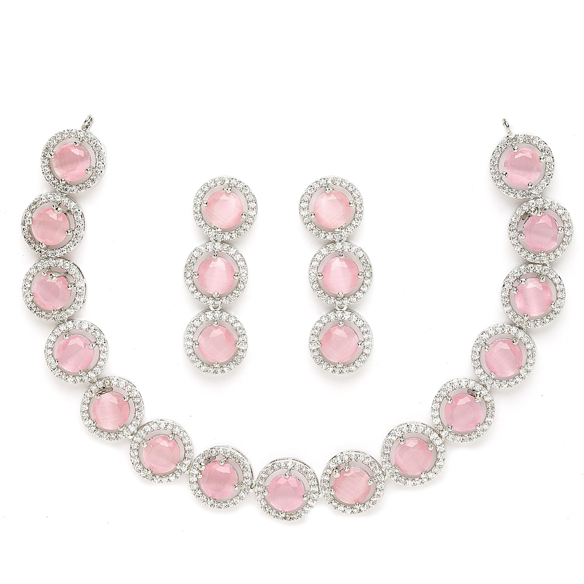 ZENEME Rhodium-Plated with Silver-Toned Circular Shape Pink and White American Diamond Studded Jewellery Set (Pink) (B0BQKRJCX9) Amazon Price History, Amazon Price Tracker