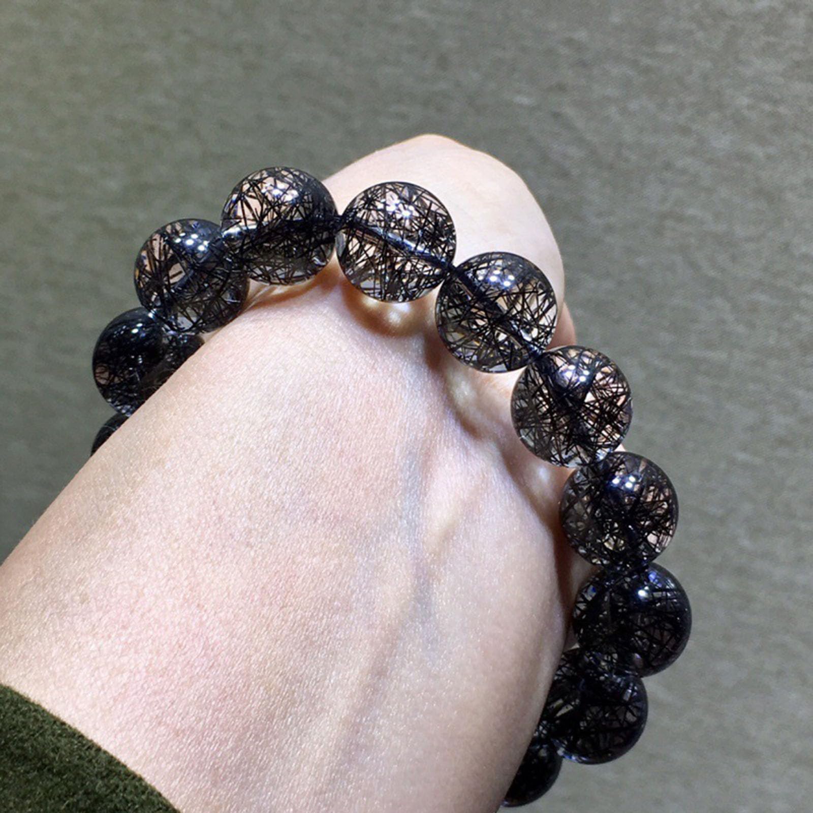 14mm, Natürliches schwarzes Rutilkristall-Armband, runde Edelsteinperlen-Armbänder, Naturstein-Stretch-Meditationsschmuck, Geschenk für Männer und Frauen