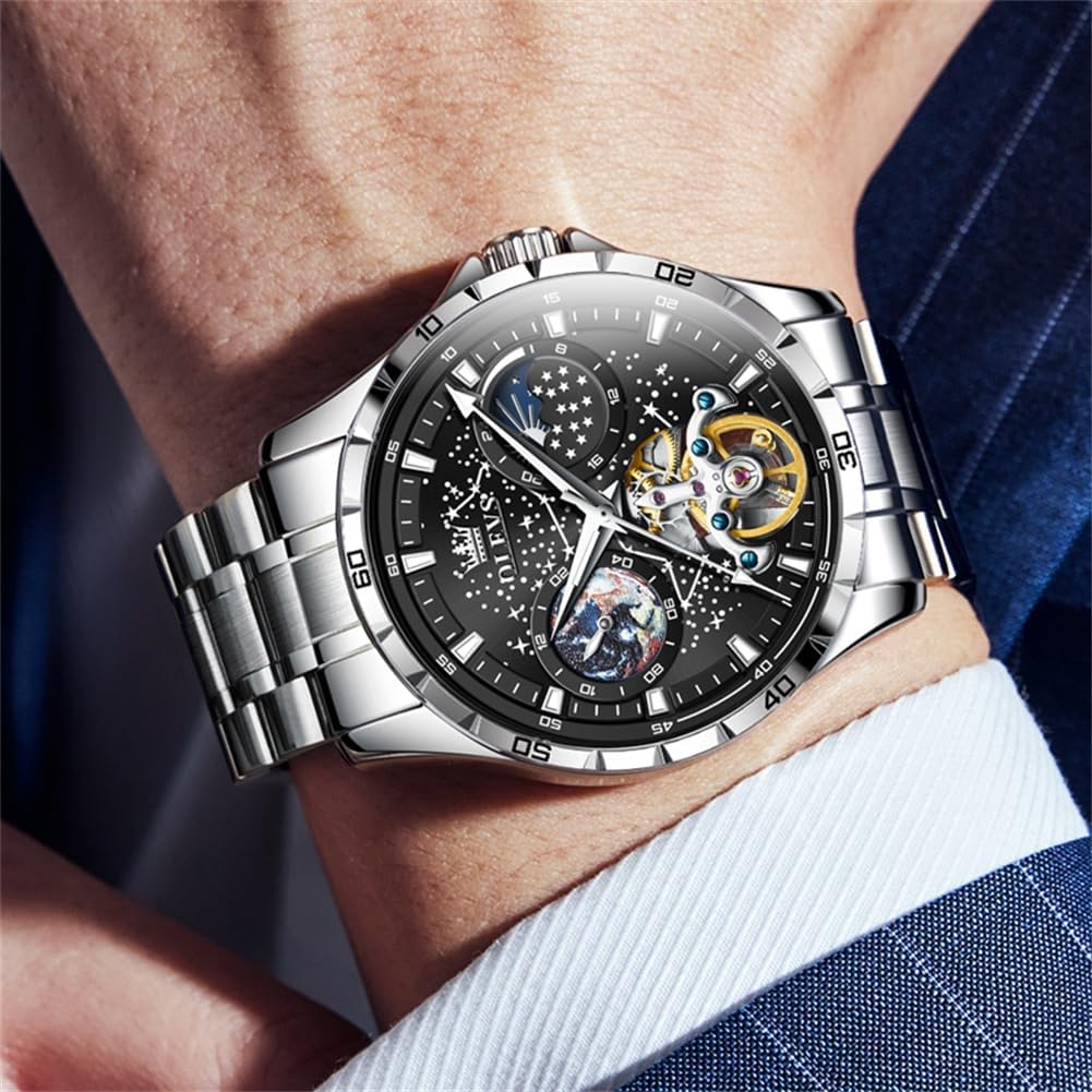 OLEVS Men Automatic Mechanical Watch Skeleton Tourbillon Starry Sky Dial Business Luxury Dress Self Winding Moon Phase Wrist Watches for Men