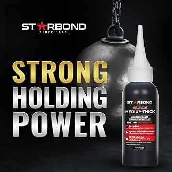 STARBOND Black Medium-Thick CA Glue Pro Kit (2 oz) Rubber-Toughened, Impact-Resistant Cyanoacrylate Super Glue for Durable Knot Filling, Crack Repair, Woodworking, Guitar, Hobby & RC Projects