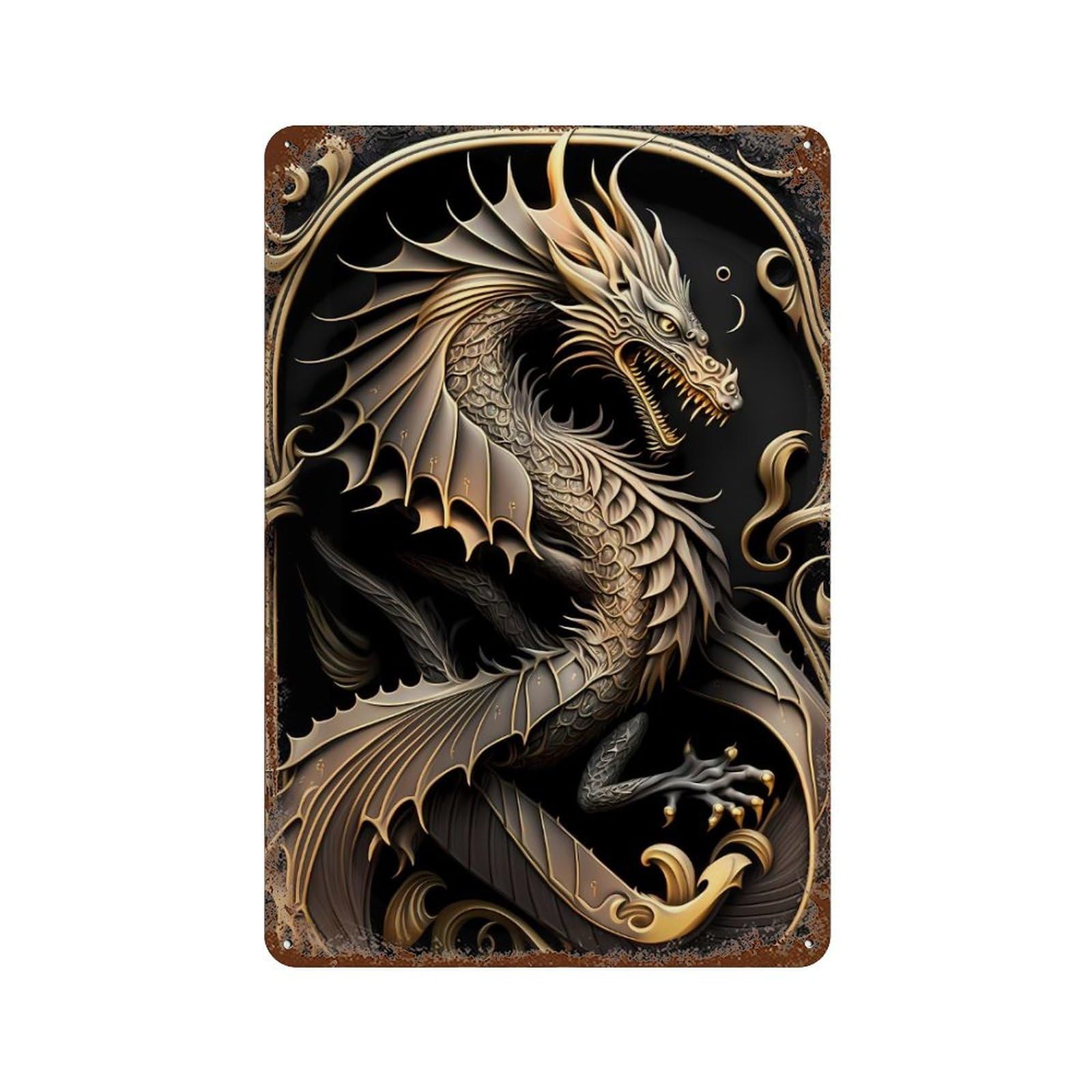 Aged Metal Wall Plaque with Mighty Golden Dragon Design 11.8"x7.9", for Shed, Workshop And Garage Wall Decor, Decorative Metal Wall Art