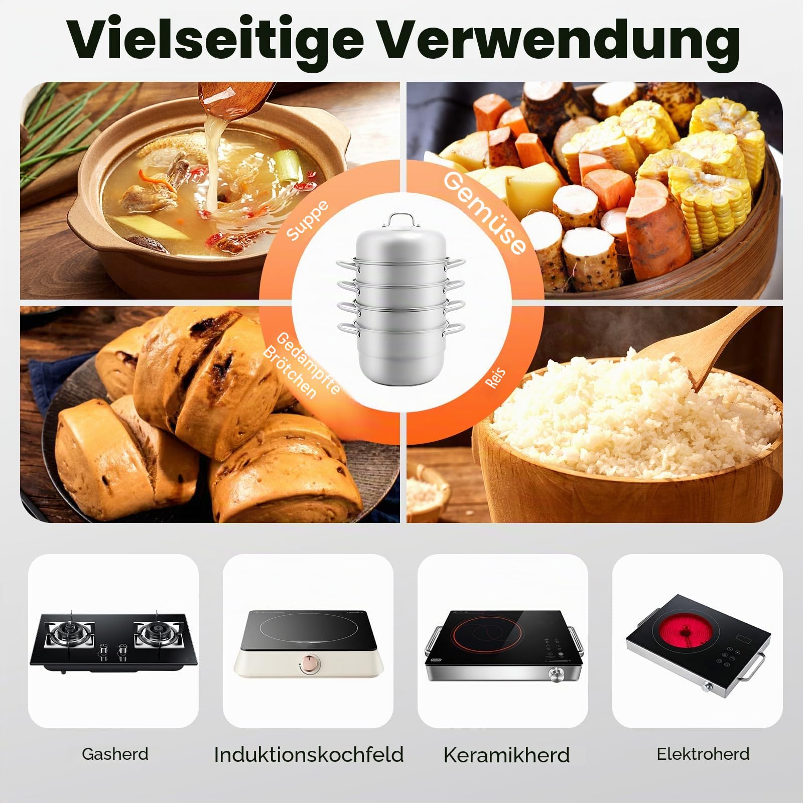 5 Etagen Dampfgarer Edelstahl 304 Stackbar, 9L Dampfkochtopf mit Glasdeckel, Mantowarka Gardampftopf, Großvolumen Dämpfeinsatz, für Induktion, Gasherd