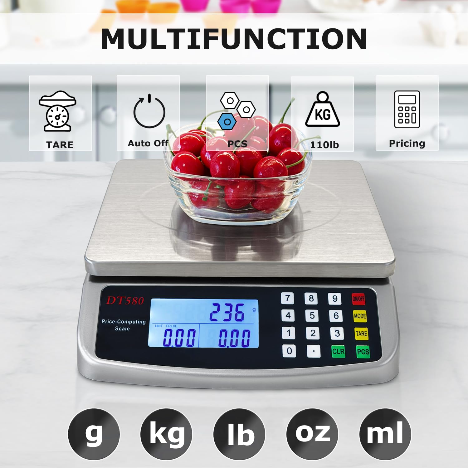 50 kg Lebensmittelwaage, große digitale Küchenwaage mit Tablett, 304 Edelstahl, kommerzieller Preis-Computerwaage, Zählwaage zum Backen, Kochen, Fleisch, Industrie, Zählen, Adapter im Lieferumfang