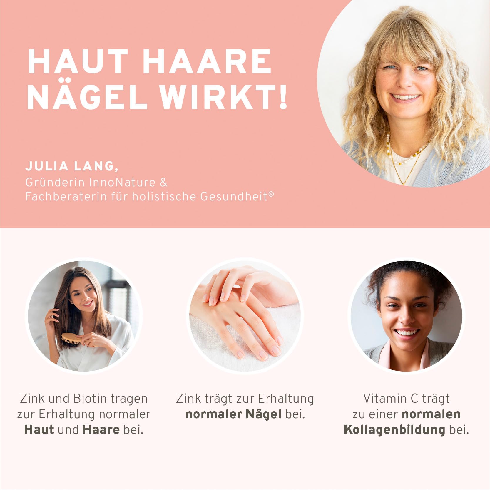 Natürlicher Haut, Haare & Nägel Komplex mit Haar-Vitamin Biotin, Zink (Zinkbisglycinat), Hyaluronsäure (500-700 kDa), Bambus (Silizium), Brennesselsamen, Hagebutte (VitaminC) + Vitamin E. 60 Kapseln.