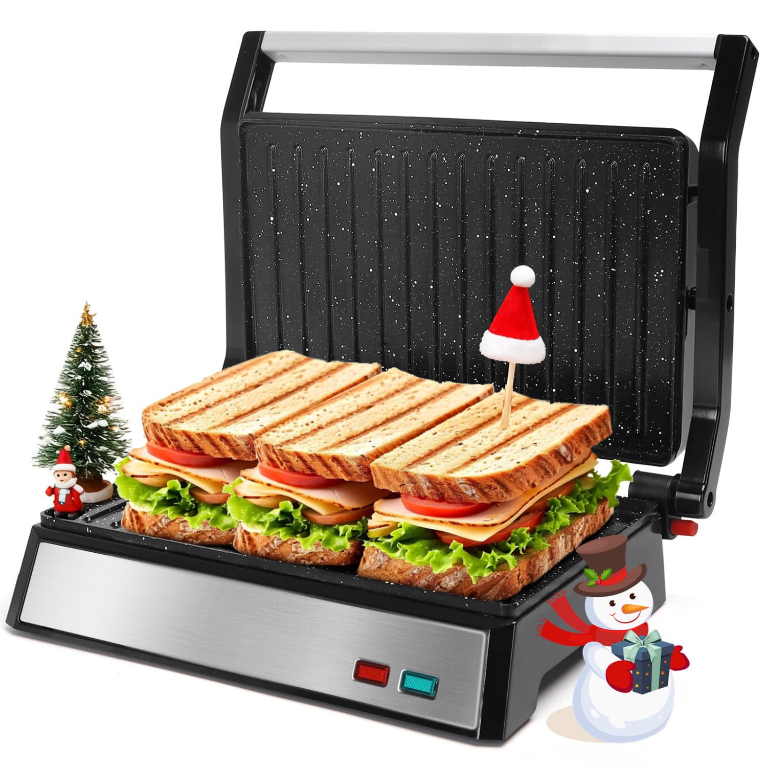 Aigostar Panini Press, 1200W Sandwich Maker and Electric Indoor Grill with Ceramic Non-Stick Coated Plates, Opens 180°to Fit Any Size of Food, Stainless Steel Surface & Removable Drip Tray, Silver