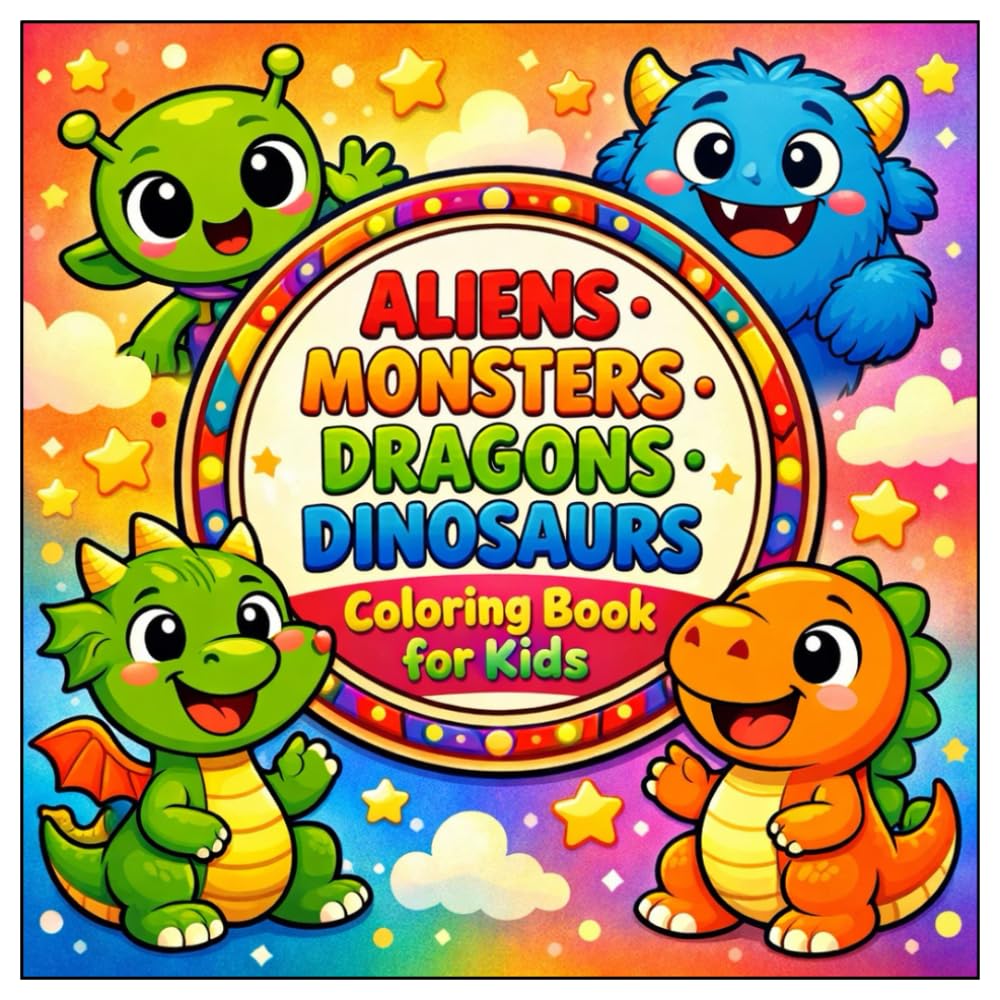 Aliens, Monsters, Dragons & Dinosaurs Coloring Book: Fun and Easy Coloring Pages for Kids | Cute Creatures, Bold Outlines, and Simple Designs Age 4-8
