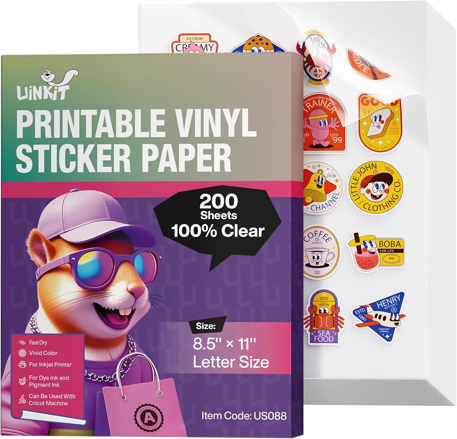 Uinkit 100% Clear Sticker Paper - Letter Size 8.5"x11" | works with Inkjet Printers | Removable, Non-Yellowing & Waterproof | For Product Package, Glass Jars & Invisible Branding | 200 Sheets