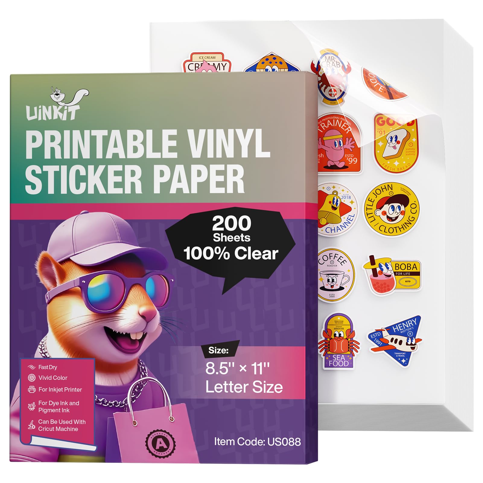 Uinkit - Juego de 200 hojas de papel adhesivo profesional para impresora de inyección de tinta (8,5 x 21,8 kg, secado instantáneo, apto para todas las impresoras de tinta
