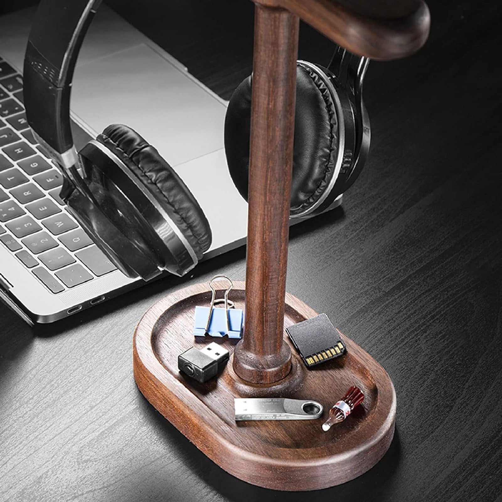TOMRAIN Soporte para Auriculares de Madera Maciza, Soporte para Auriculares de Escritorio, Soporte para Auriculares de Nogal Negro, Colgador de Auriculares Multifuncional para Todos los Auriculares