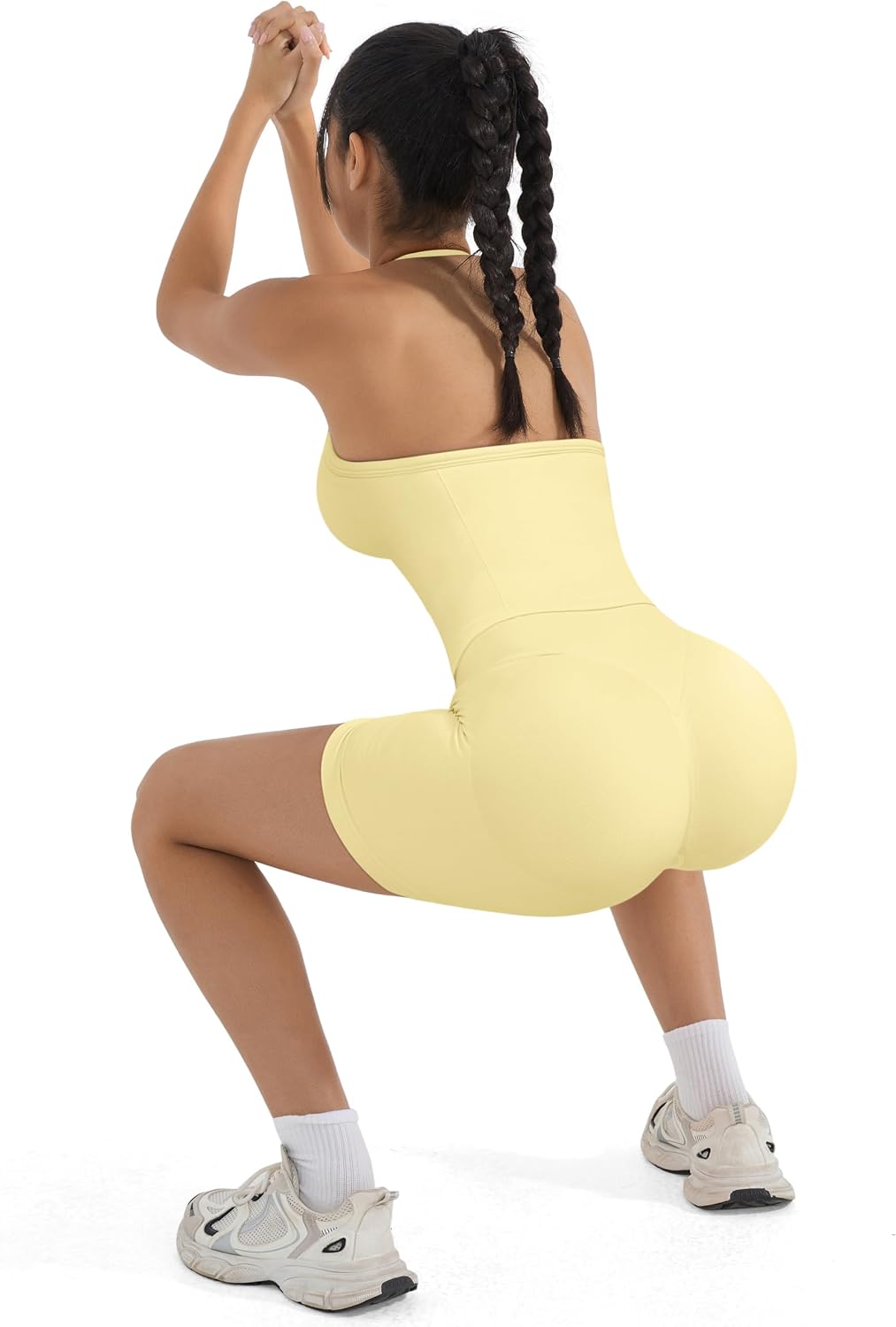 SUUKSESS Women 2 Piece Seamless workout Sets Halter Backless Impact Longline Strappy Tank Top Sport Gym Yoga Bike Shorts