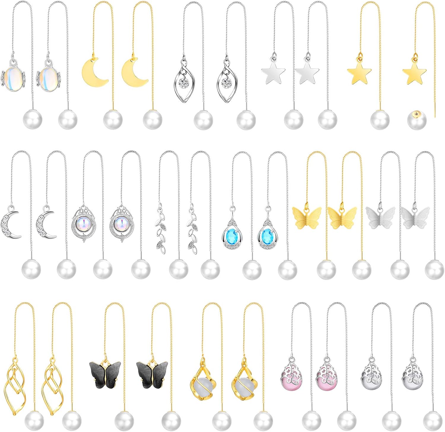 16 Pairs Threader Earrings for Women Girls Bulk Teardrop Crystal Drop Dangle Earrings Cubic Zirconia Pendant Earrings Boho Jewelry Waterdrop Earrings Faux Pearl Charm Earrings