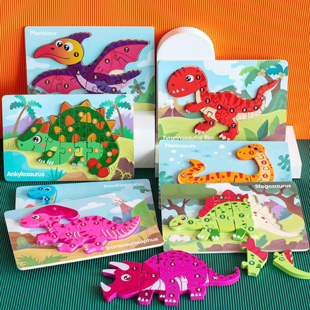 Montessori Holz Dinosaurier Puzzle 3D Formen Puzzles (8 Stück) | Frühlern-Handgreif-Board-Spielzeuge, Dino-Themen-Bildungsblöcke, Geschenke zur Förderung der Feinmotorik