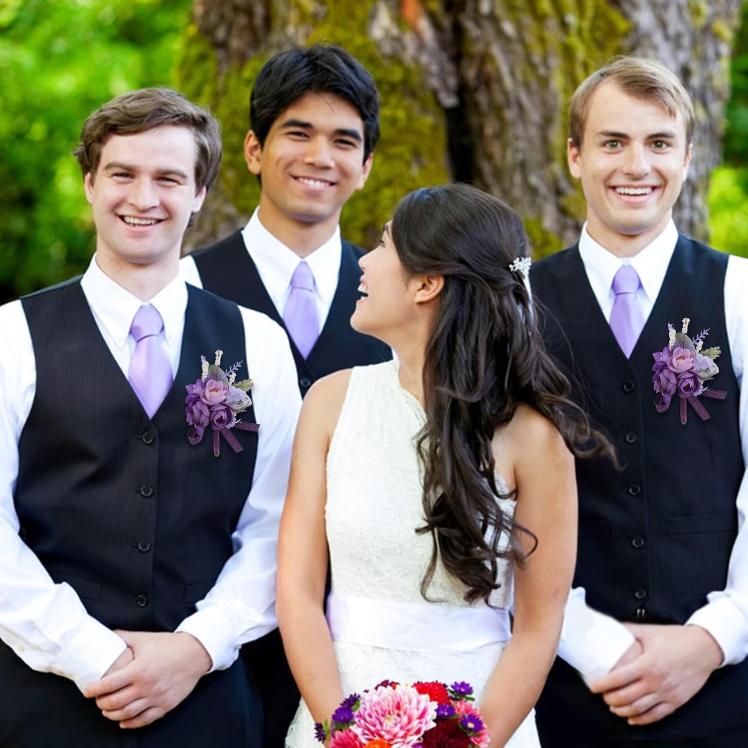 6 PCS Wedding Boutonniere, Purple Small Rose Simulation Corsage Artificial Wedding Flower Accessories for Bridal Groom Groomsman Wedding Flowers…
