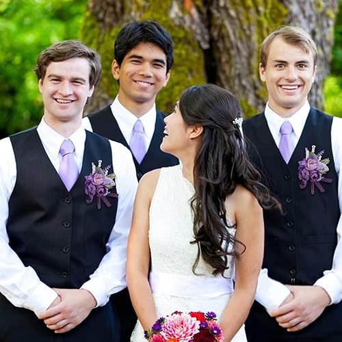 Miniatura 6 de URROMA 6 piezas de flores artificiales para boda, ramillete de simulación de rosas pequeñas moradas, accesorios de flores artificiales para novia,