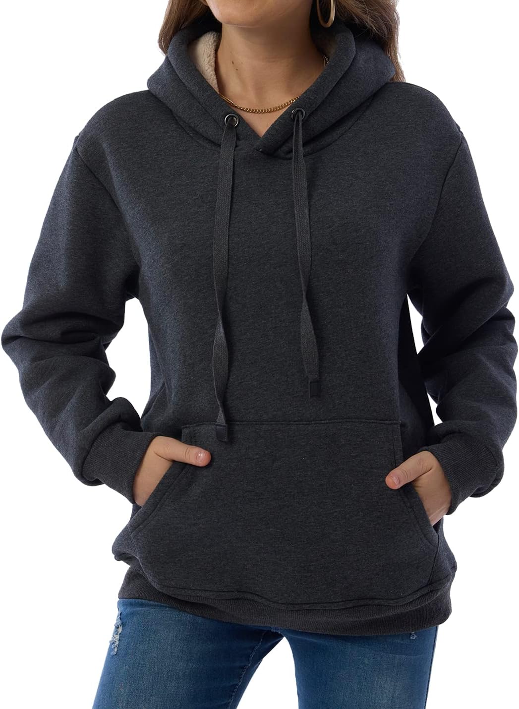 Gnveub Women's Casual Winter Warm Fleece Sherpa Lined Hooded Sweatshirt Thick Pullover Plus with Pockets - Image 2