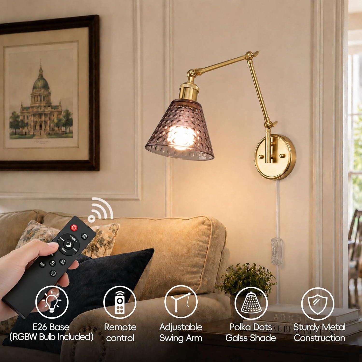 Swing Arm Wall Sconce, Polka Dots Glass Lampshade, Adjustable Brightness Temperature Wall Lamp with Remote Control LED Bulb, Plug-in or Hardwire Modern Light Fixture for Living Room, Bedroom