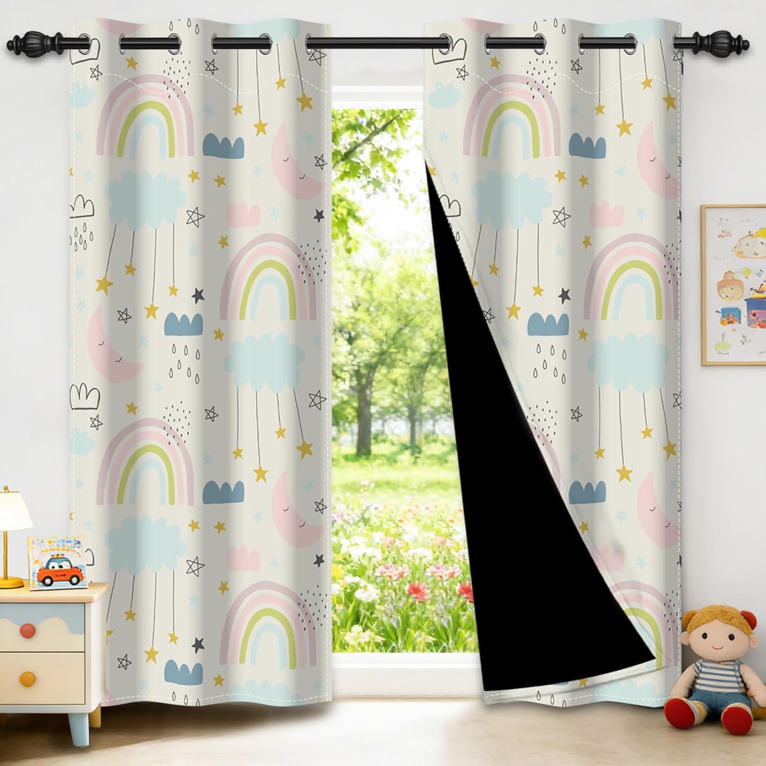 Kids Blackout Curtains for Nursery Girls Bedroom, Cute Rainbow Star Moon Print Thermal Insulated Room Darkening Drapes with Grommet Top, 2 Panels, 2 Panels, 42W x 84L