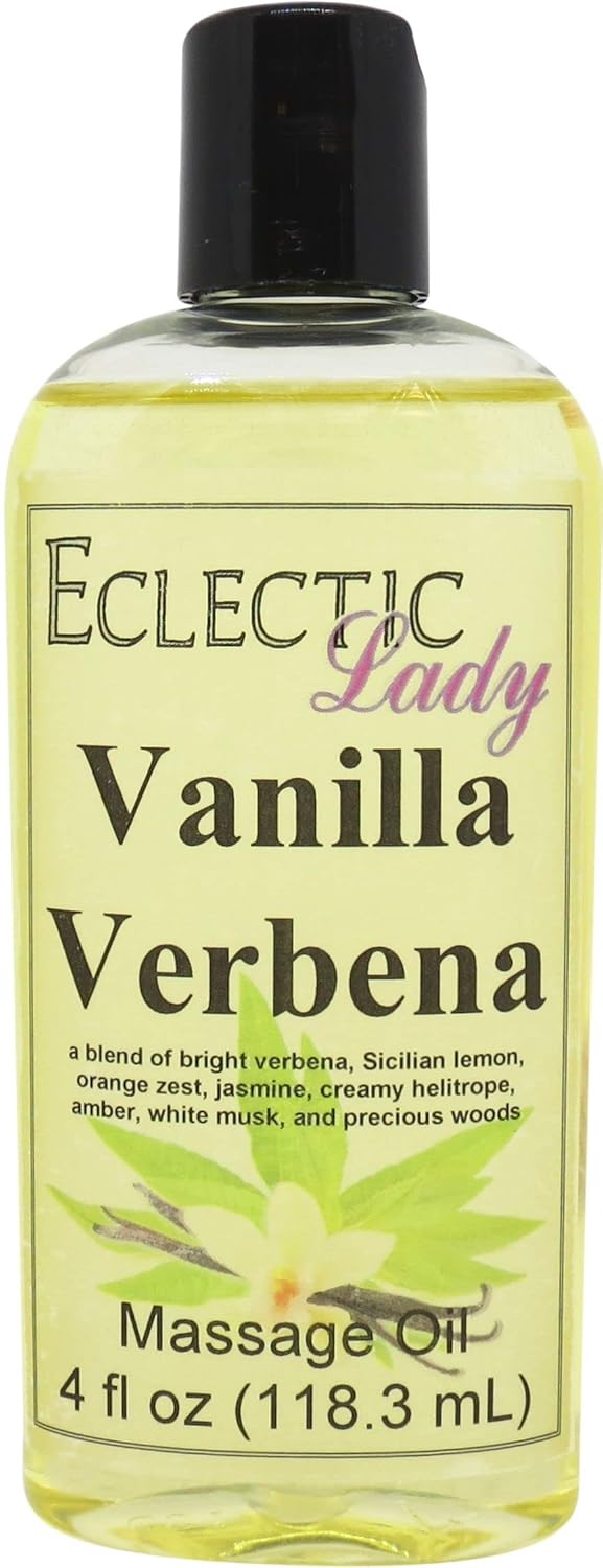 Vanilla Verbena Massage Oil, 8 oz, With Sweet Almond Oil and Jojoba Oil, Preservative Free, Perfect for Aromatherapy and Relaxation