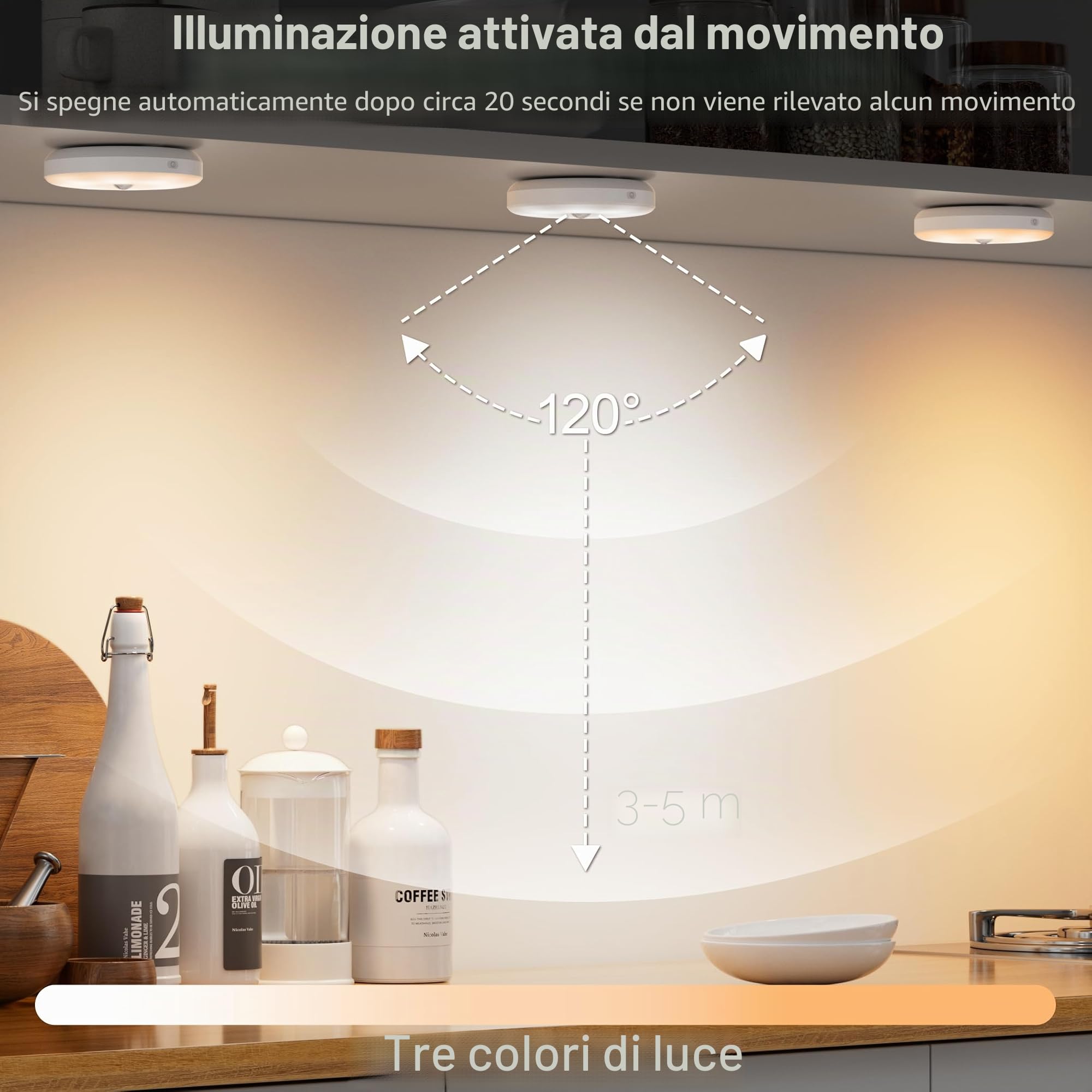 6 Luci Notturne con Sensore di Movimento, Luce LED Ricaricabile USB, Illuminazione per Armadio, 3 Modalità, Sensore di Movimento Interno per Illuminazione di Scale, Camera da Letto, Cucina, Cameretta