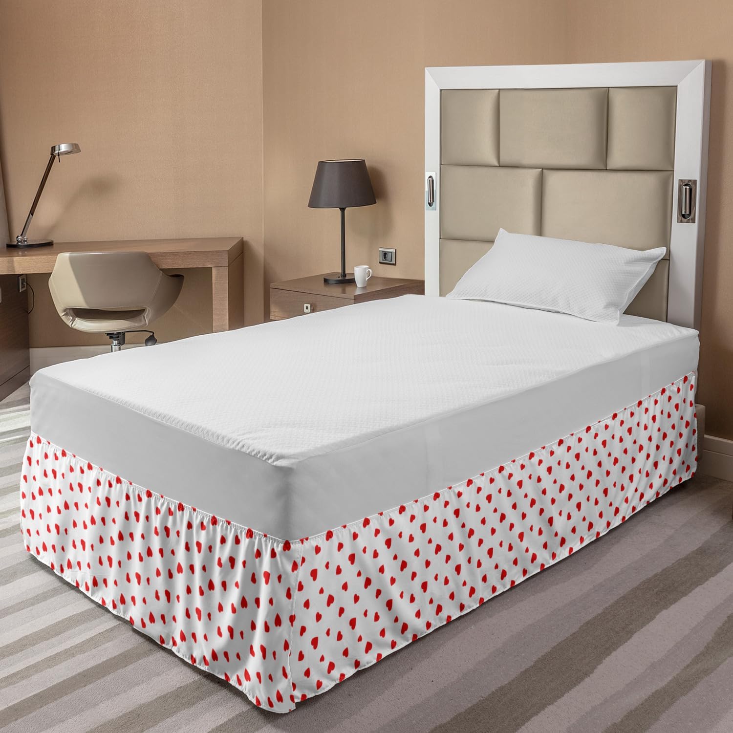 Lunarable Hearts Bed Skirt, Vibrant Hearts with Various Sizes Valentines Day Inspired Illustration Love, Elastic Bedskirt Dust Ruffle Wrap Around for Bedding Decor, Full, Vermilion White