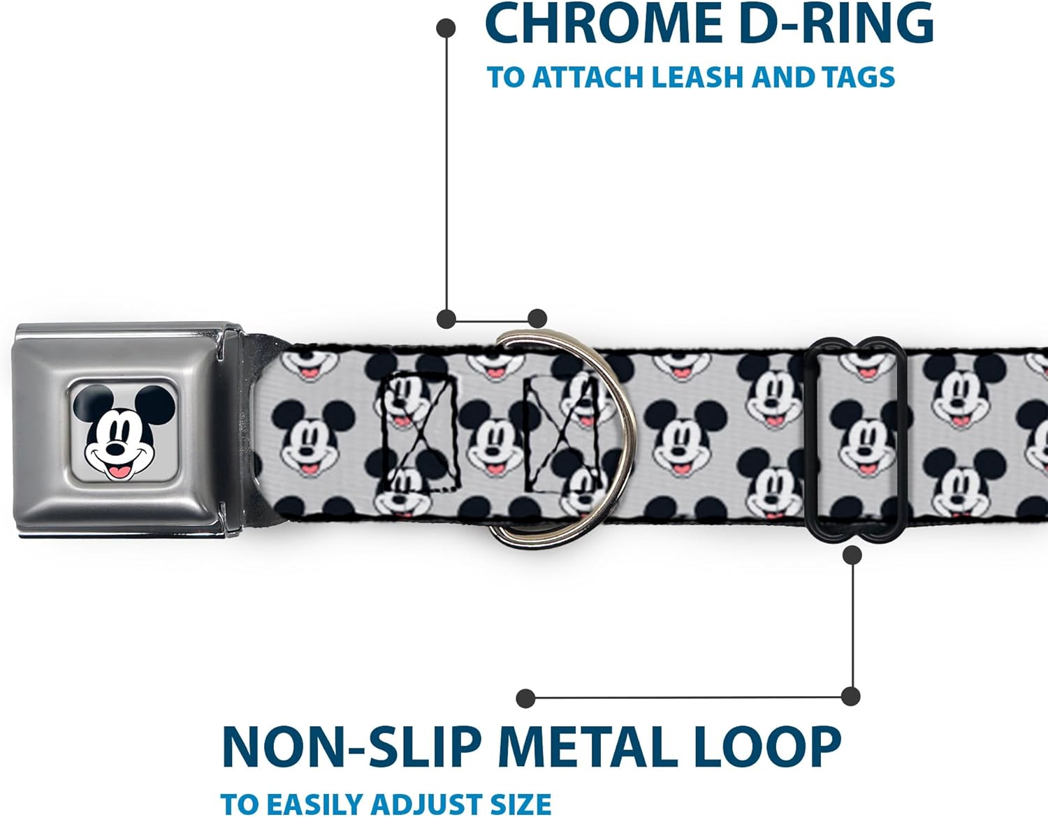 Disney Pet Collar, Dog Collar Metal Seatbelt Buckle, Mickey Mouse Smiling Face Monogram Gray, 16 to 23 Inches 1.5 Inch Wide