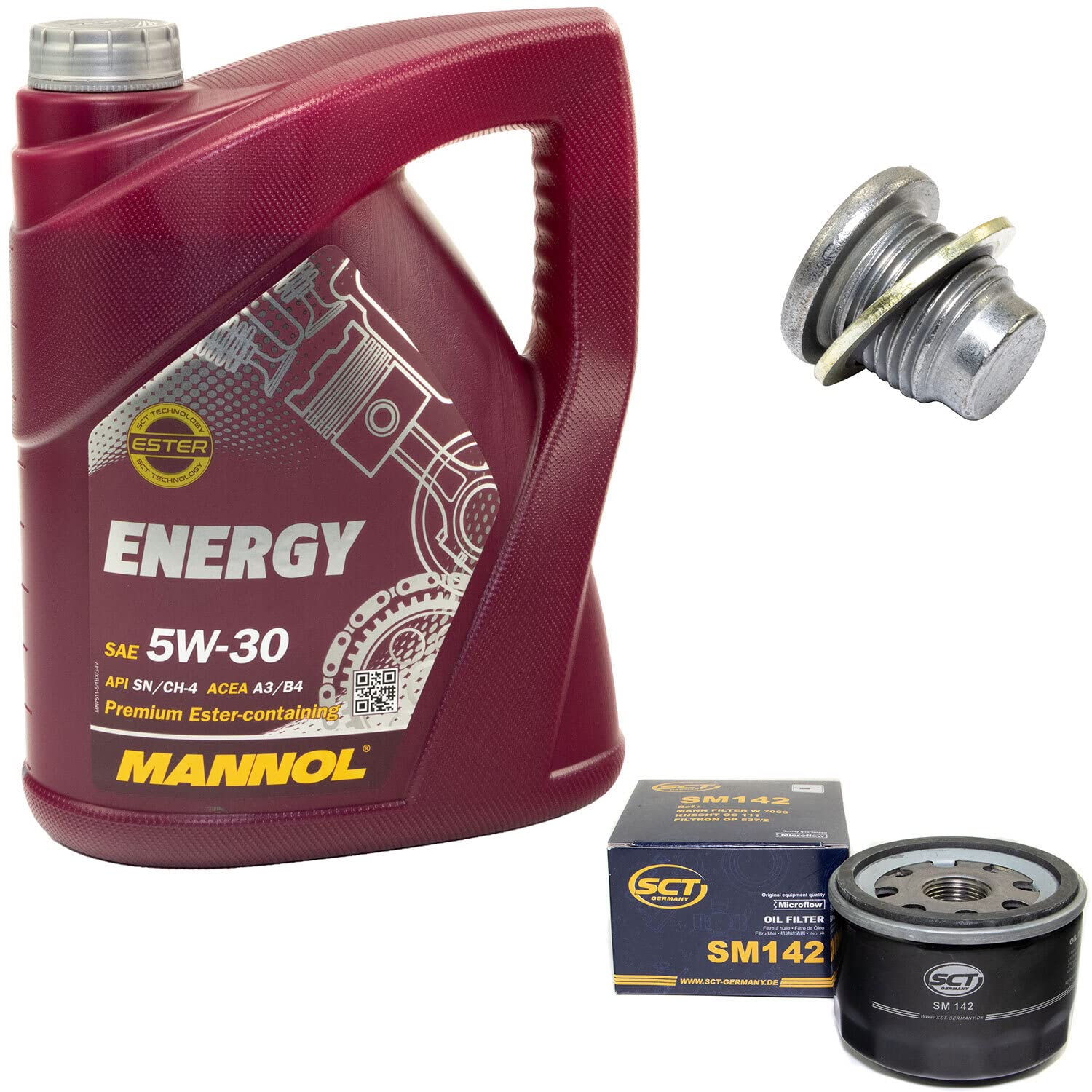Motoröl-Set 5W30 5 Liter + Ölfilter SM111 + Ölablassschraube 12281 – Teilsynthetisch, Universal