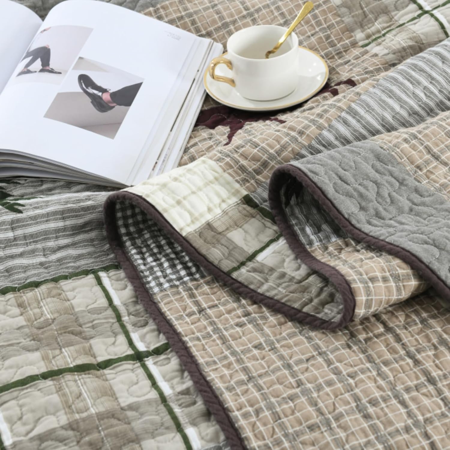 Uniclinens Quilt Set King Size, 100% Cotton Quilted Quilt Bedding Set Bedspread, Bear Tree Elk Farmhouse Rustic Quilt, Patchwork Plaid Comforter Set, 3 Pieces Set with 2 Pillowshams, Brown/Grey/Green - Image 6