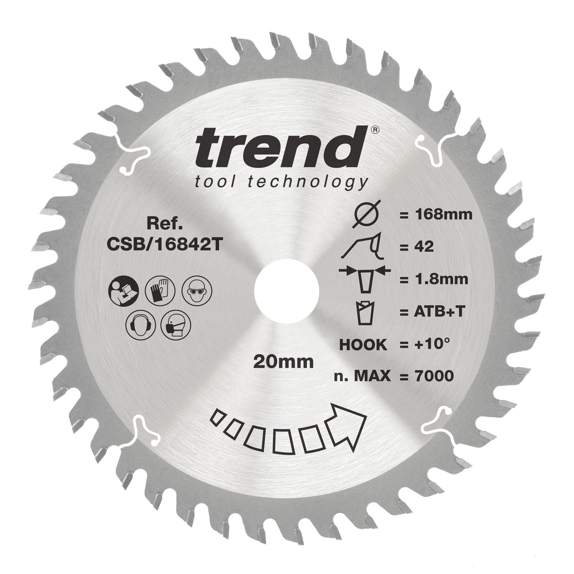 Trend Lame de scie circulaire sans fil Wood, diamètre 168 mm, alésage 20 mm, 42 dents, trait de scie 1,8 mm, crochet +10°, TCT, finition fine, CSB/16842T