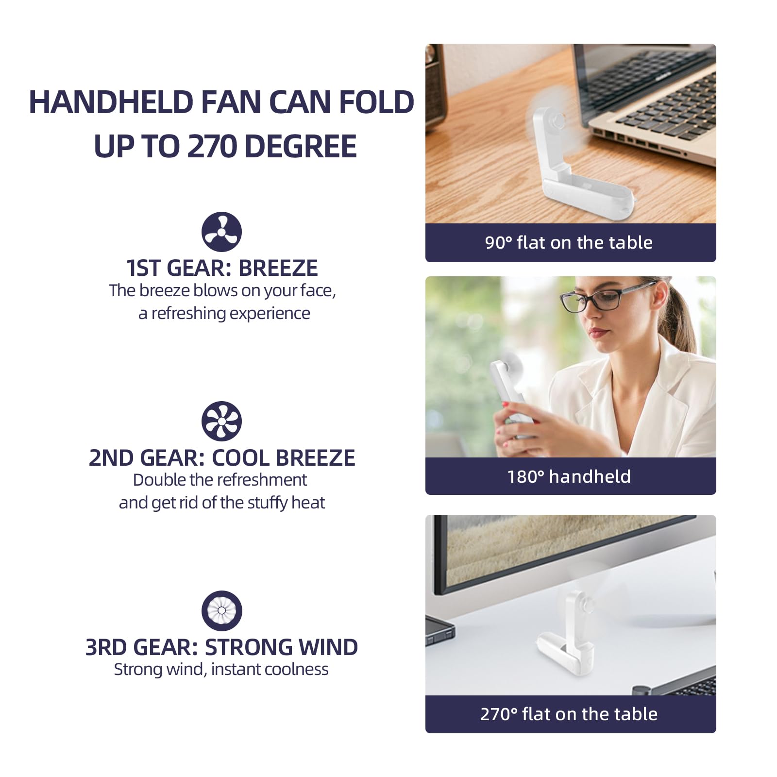 Jsdoin Ventilatore Portatile, 3 Velocità Ricaricabile Ventilatore Tascabile con Banca di potere, Cordino, Mini Ventilatore per Casa, Ufficio, Viaggi e all’aperto (Bianco)