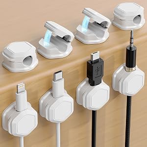 8 Pack Cord Holder - Cord Organizer - Magnetic Cable Clips - Cord Organizer for Desk, Nightstand, Phone Charger, Computer, Home, Office, Car (White)