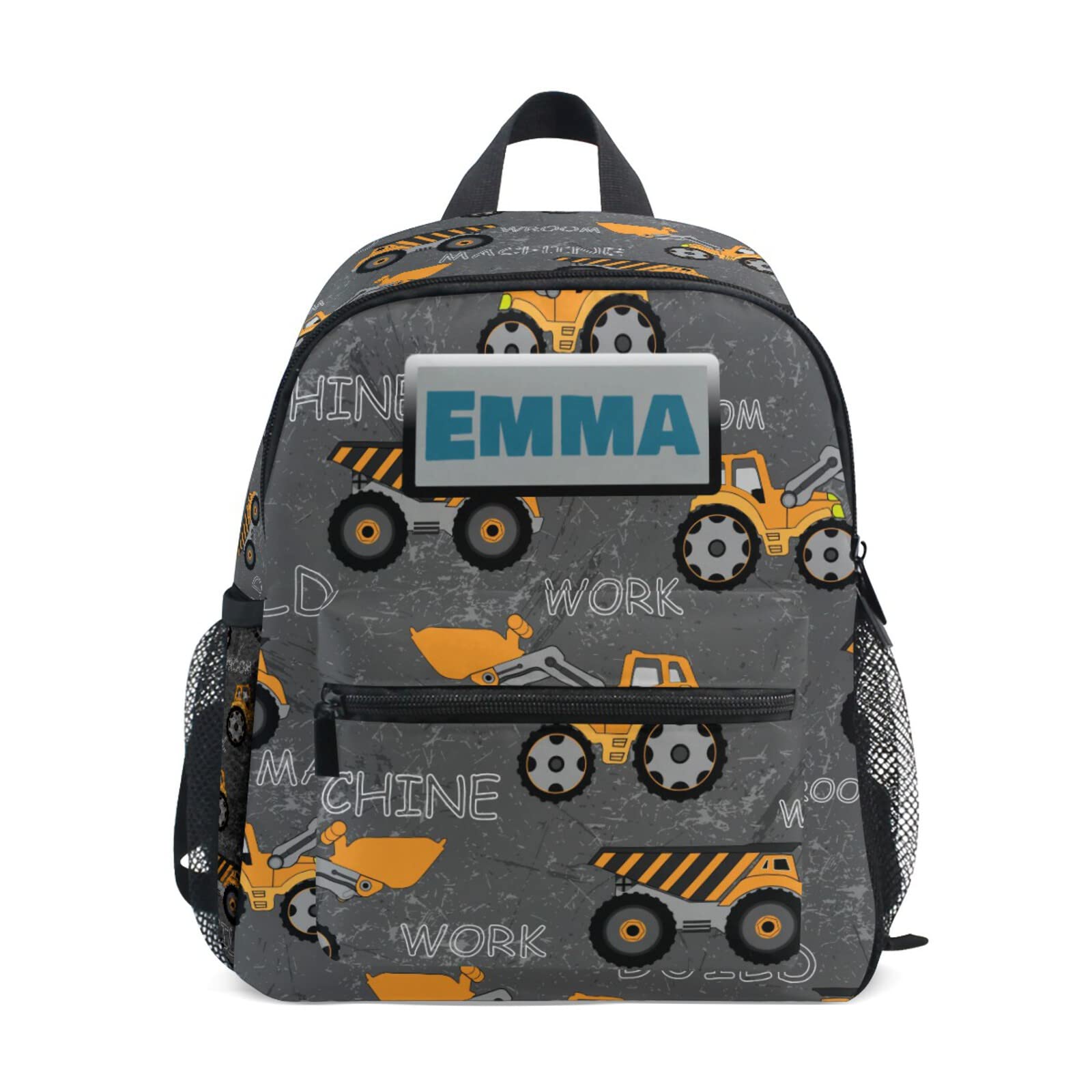 Aflyko Custom Name Kids Backpack Construction Machine Truck Personalized Daycare Bookbag Kindergarten Daypack for Toddler Girls Boys 10" × 4" × 12"
