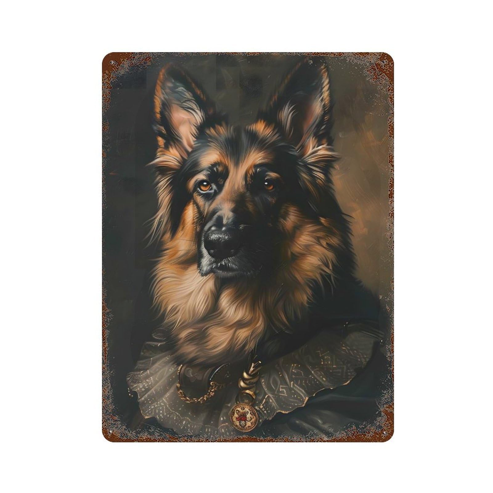 Garage Style Regal German Shepherd Portrait in Renaissance Attire Vintage Rust Metal Sign 15.7"x11.8", Rustic Home Decor for Bar And Workshop