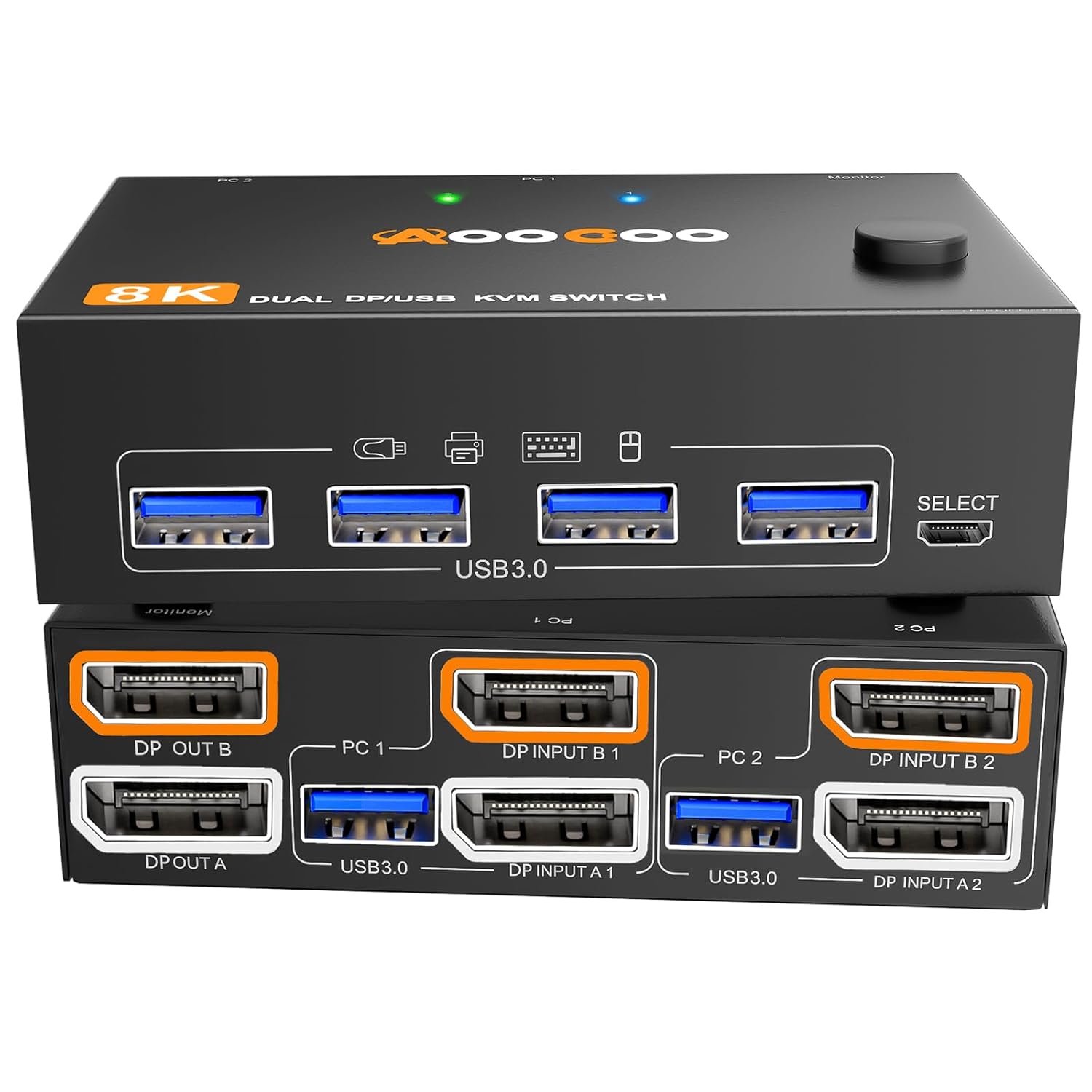 Dual Monitor KVM Switch 2 Port 8K@30Hz 4K@144Hz Displayport USB 3.0 Switch Extended Display 2 Monitors 2 Computers with USB 3.0 Cables Wired Controller