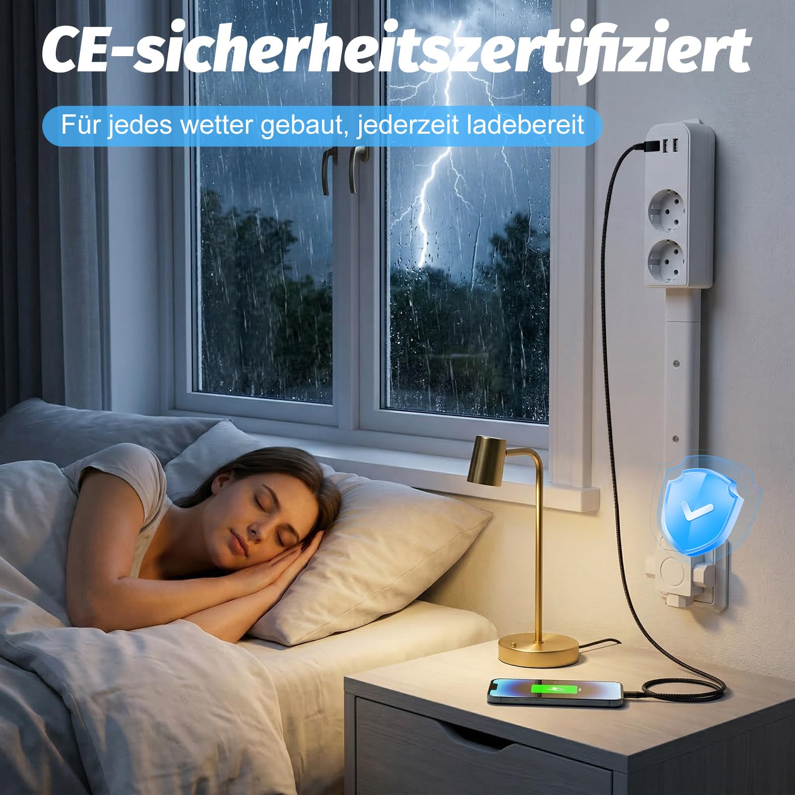 Erweiterbare Steckdosenverlängerung 25–95 cm, 2 AC, 2 USB-A & USB-C