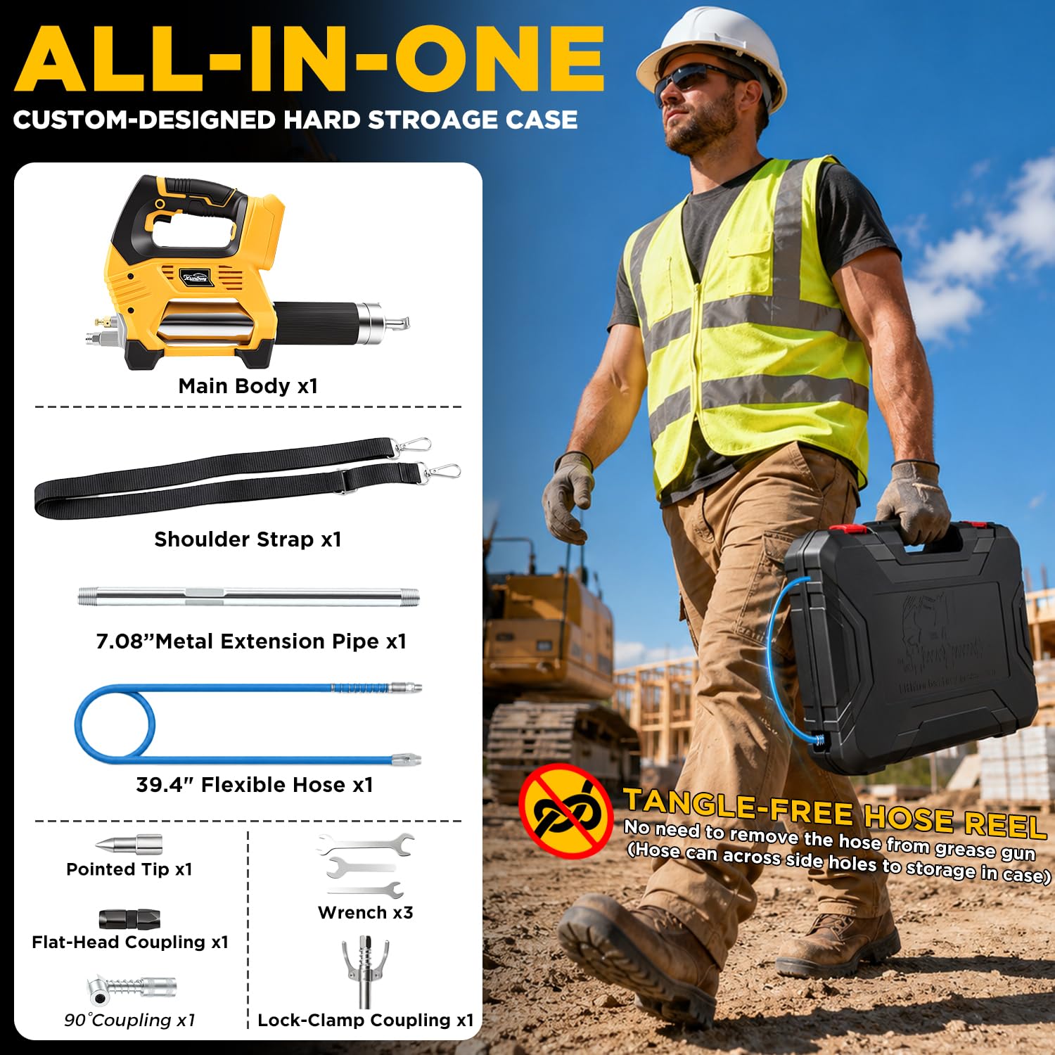 Pistola de grasa inalámbrica compatible con batería DeWalt de 20 V, 12000 PSI de alta presión, agarre en línea con una sola mano, manguera de 39.4 pulgadas y 4 acopladores, pistola de grasa