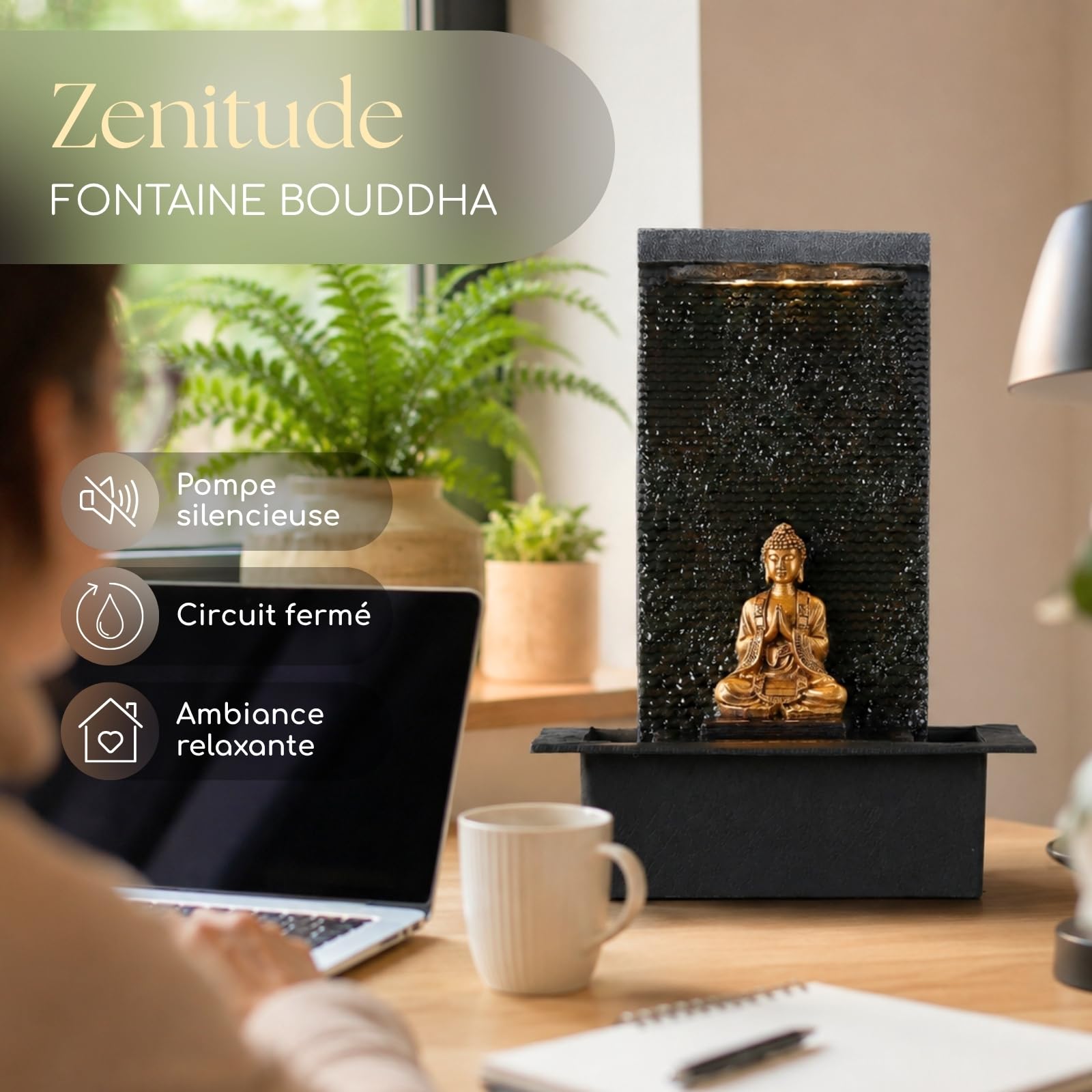 Mur d’Eau Zenitude - Fontaine d’intérieur avec Spot LED Jaune - Grande Fontaine de Table avec Statue Bouddha Amovible - Ambiance Zen pour salon, bureau, chambre - Cadeau Original - H: 40cm - Zen’Light