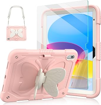Ambison Kids Case for iPad A16 11th/10th Generation 11/10.9, Rose Pink | 9H Tempered Glass Screen Protector, Butterfly Stand, Shoulder Strap, Heavy Duty,Shockproof, Pencil Holder