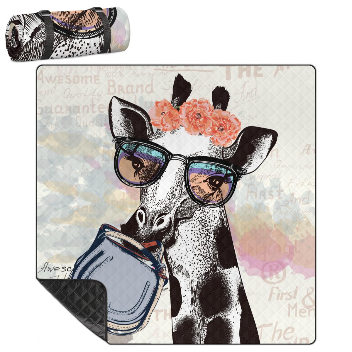 Shimoshe Extra Large Picnic Blankets 79”x 79”, Fashion Flower Giraffe Waterproof Foldable Picnic Mat with Straps Portable Beach Blanket for Camping Park Grass Beach Indoor