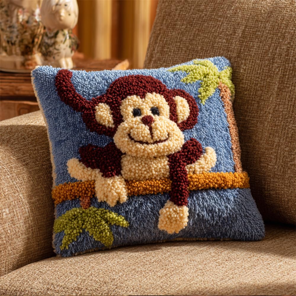 Taxpy Latch Hook Kits Pillow Monkey On A Branch 17X17 in Printed Canvas Cushion Crochet Yarn Needlework Hook Latch DIY Kit Embroidery Pillowcase Rug Cover Home Sofa Christmas Decoration
