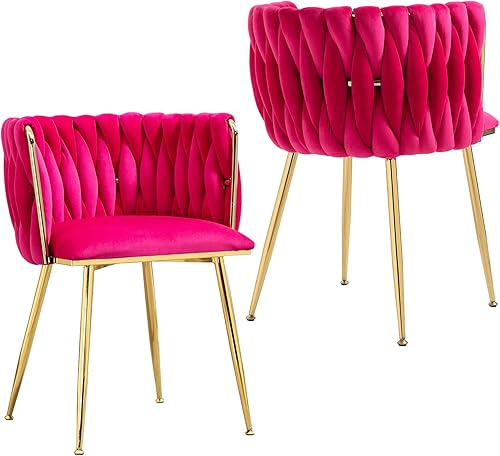 LETESA Juego de 2 sillas de comedor de terciopelo modernas tapizadas con respaldo tejido a mano y patas de metal dorado, sillas laterales