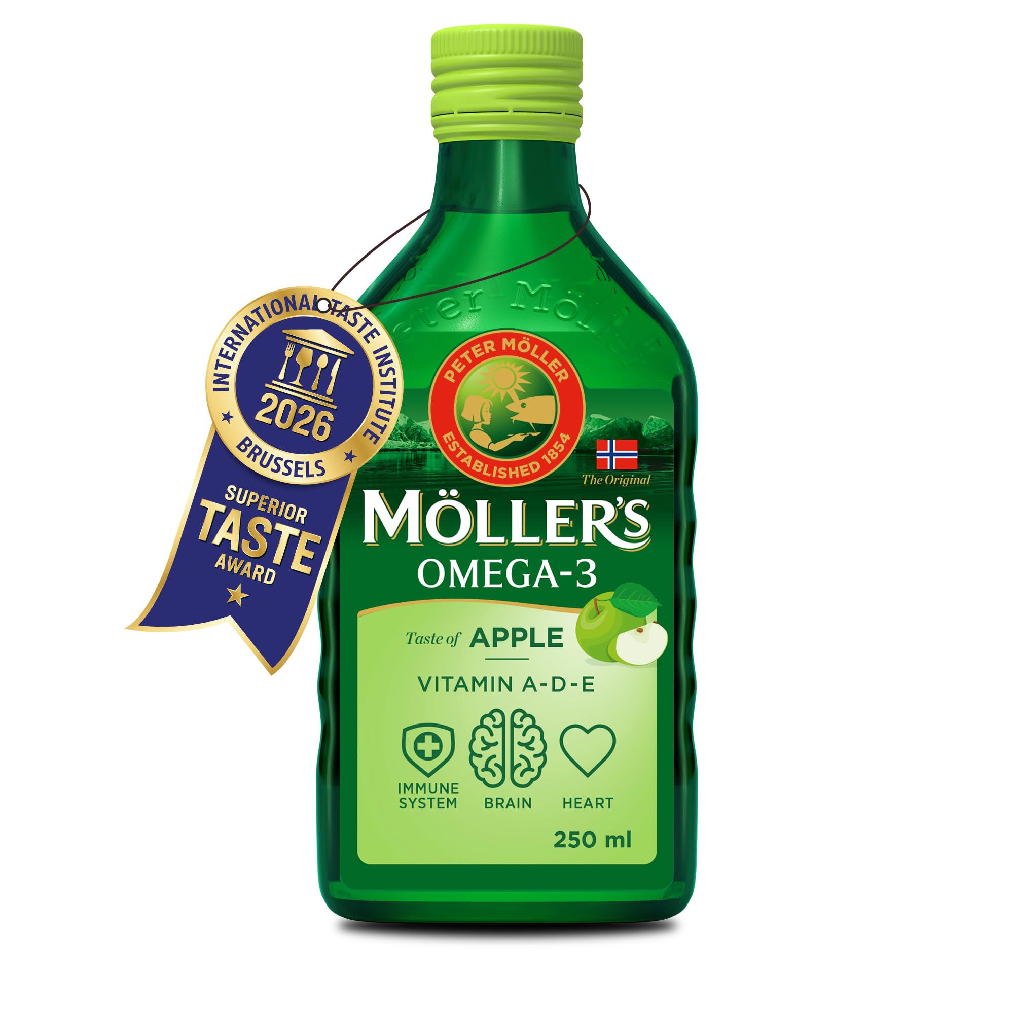 Moller’s ® | Omega 3 Cod Liver Oil | Omega-3 Dietary Supplements with EPA, DHA, Vitamin A, D and E | Superior Taste Award | Pure & Natural cod Liver Oil | 166 Year Old Brand | Apple | 250 ml