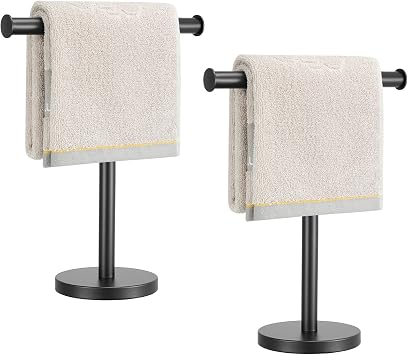 Hand Towel Holder, 2 Pack T-Shape Towel Holder Stand, Black | Weighted Stainless Steel Base Helps Prevent Tipping While The Open T-Shape Keeps Towels Dry on Bathroom Countertops