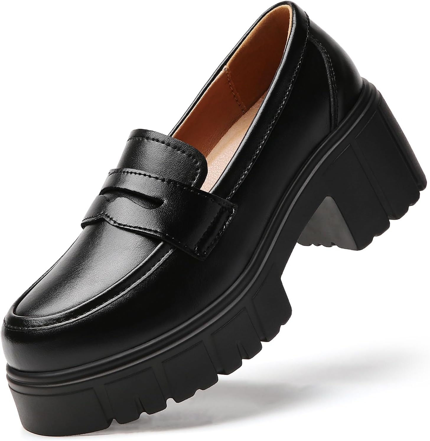 Platform Loafers for Women Penny Loafer Chunky Heel Leather Shoes