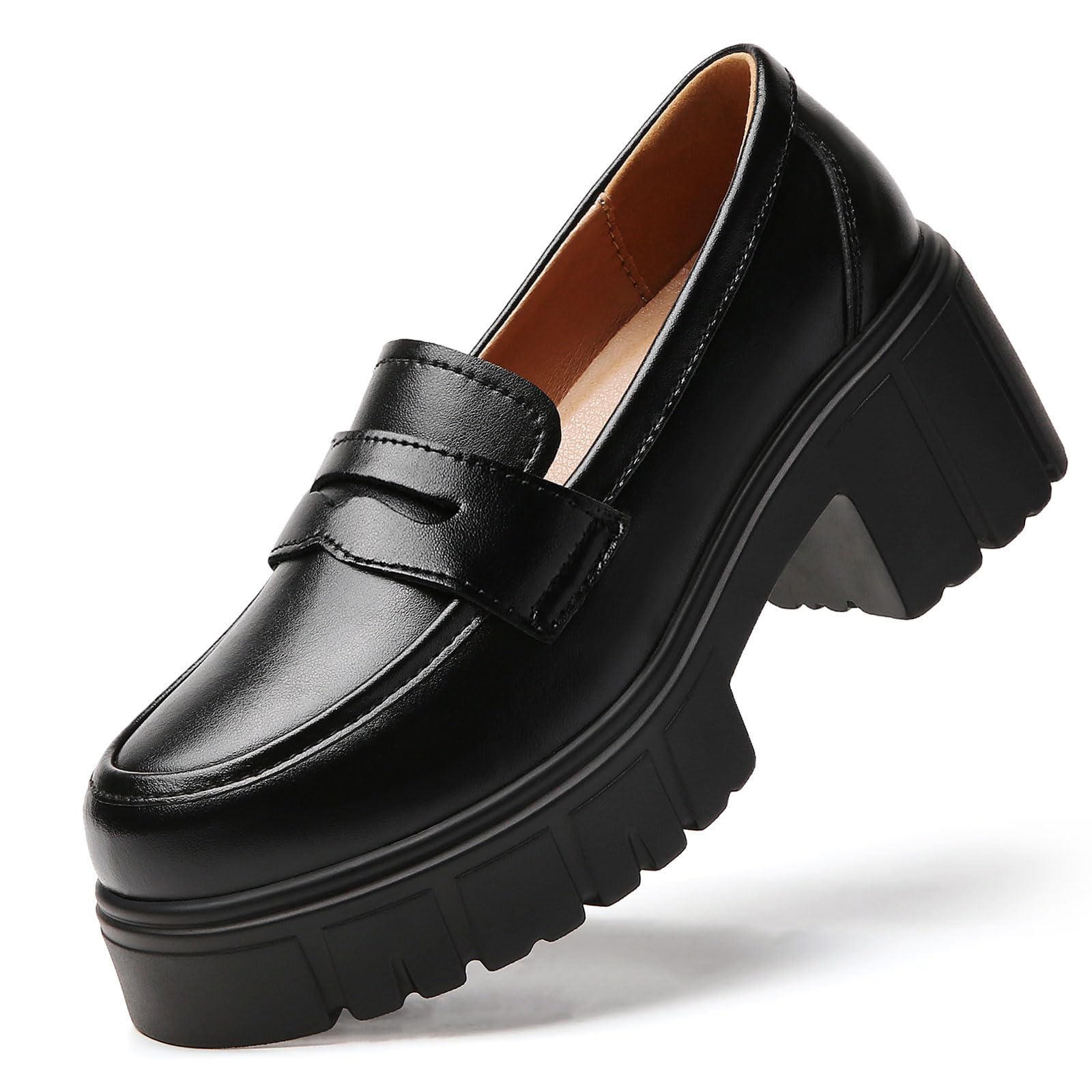 Platform Loafers for Women Penny Loafer Chunky Heel Leather Shoes