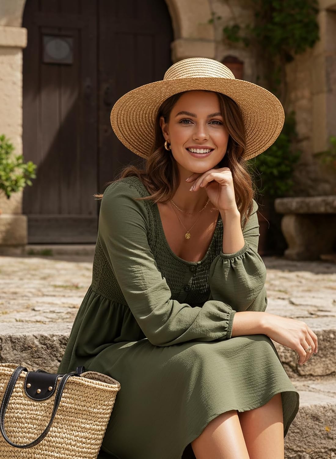 Dokotoo Womens 2026 Casual Dresses Smocked Crewneck Button Up Long Sleeve Empire Waist A-Line Mini Dress - Image 6