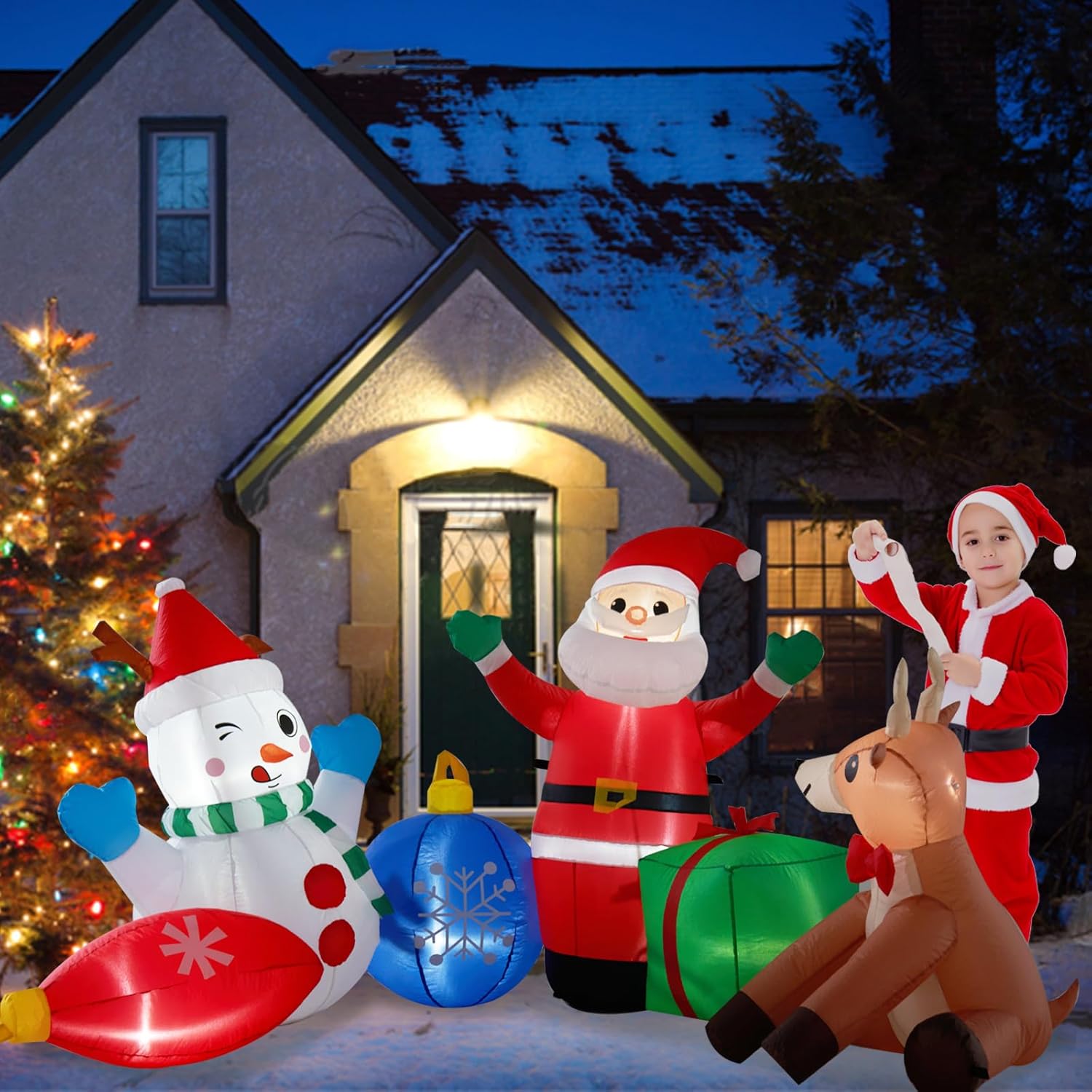 9FT Christmas Family Inflatable 6 in 1, Santa Claus Snowman