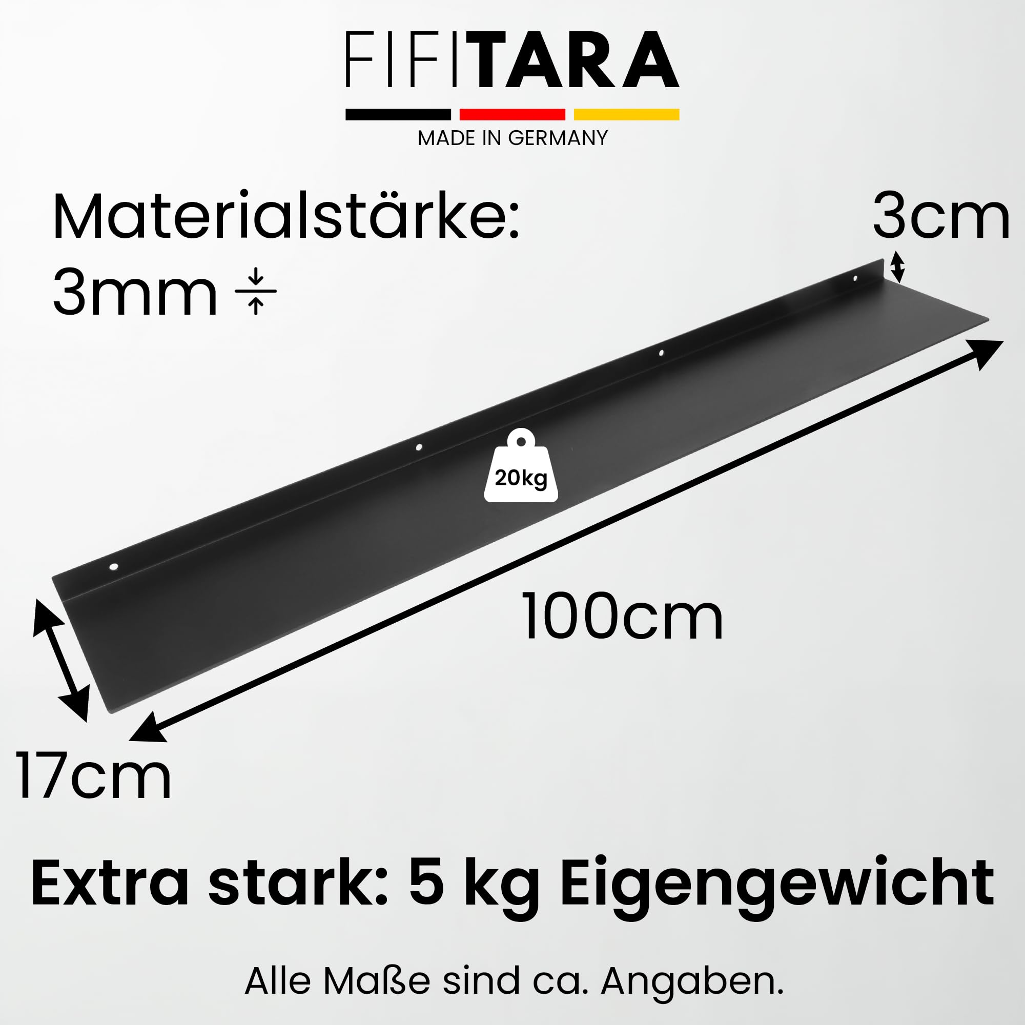 Wandregal Stahl 100 cm – Metallregal schwarz matt – Regal Wand 3 mm Dicke – Bücherregal – Küchenregal hängend – Schweberegal inkl. Dübel, Schrauben