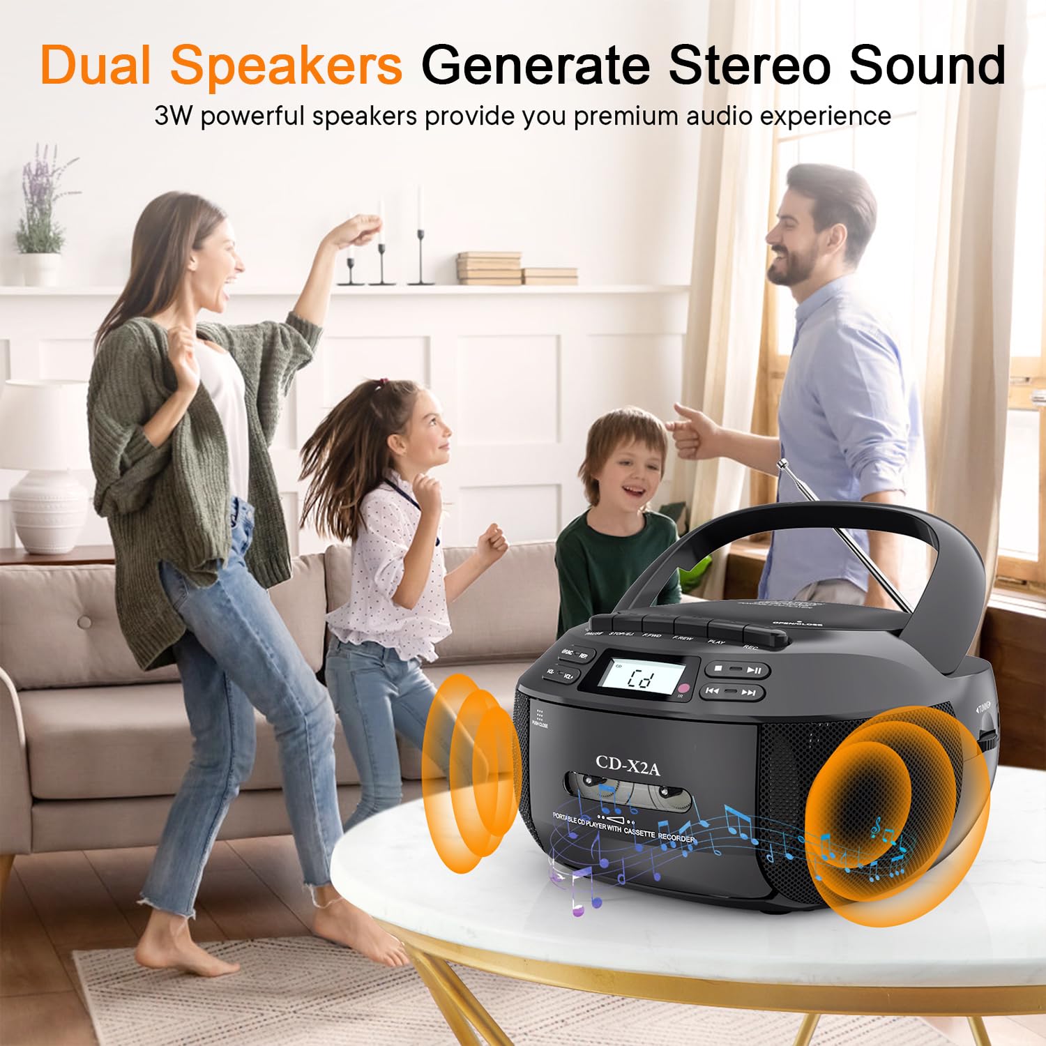 Odtwarzacz CD z radiem, zestaw kaset Boombox, Bluetooth, AM/FM, pilot zdalnego sterowania, podwójne głośniki dźwięk stereo, podwójny zasilacz do domu i dzieci