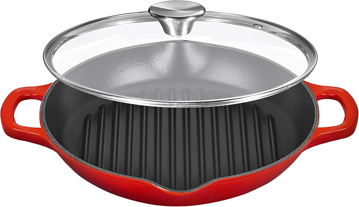 Bruntmor Red Enameled Deep Round Grill Cast Iron Griddle Pan with Glass Lid 10 Inch Non-Stick Round Frying Pan Cast Iron Skillet with Double Loop Handles, Safe for Oven, Induction, all Cooking tops